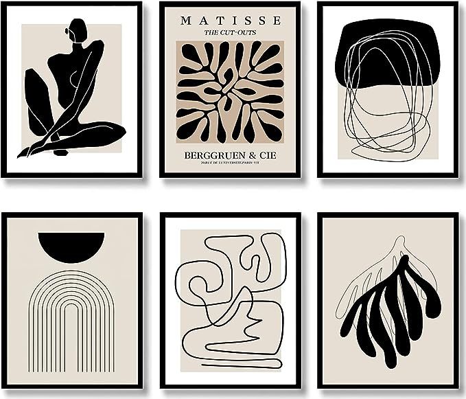 Quzenu Boho Wall Art Mid Century Modern Decor Canvas Prints Set of 6 Black And White Neutral Abst... | Amazon (US)
