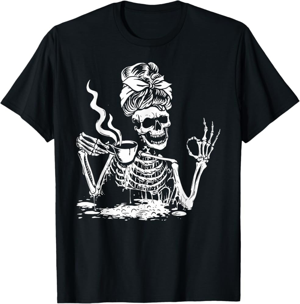 Skeleton Drinking Coffee Messy Bun Women Halloween Skeleton T-Shirt | Amazon (US)
