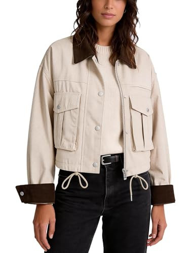 Flygo Womens Cropped Jacket 2026 Trendy Contrast Collar Barn Jacket Zip Up Oversized Utility Coat with Pockets(Beige-XL) | Amazon (US)