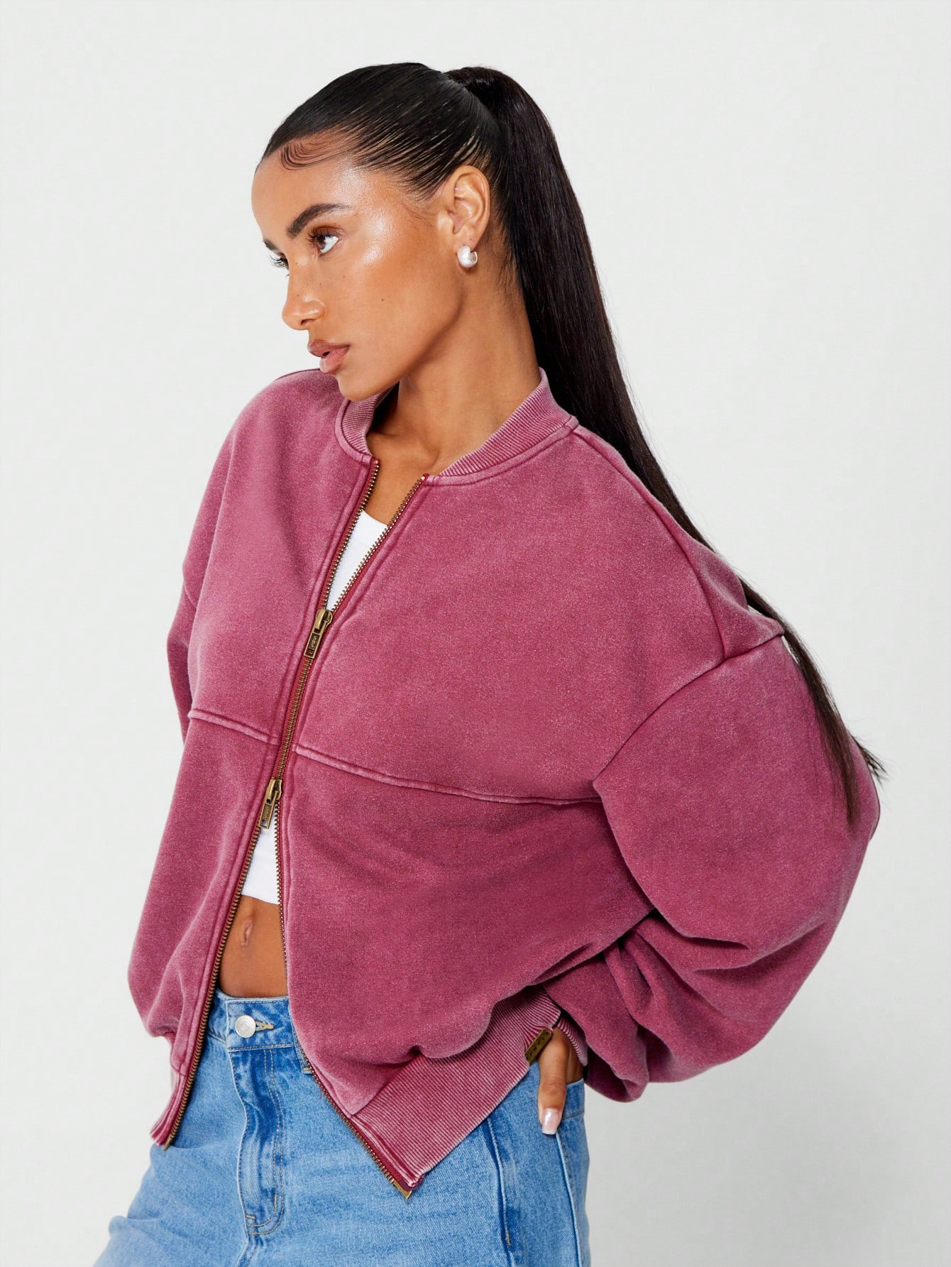 SUMWON WOMEN Oversized Double Zip Balloon Sleeve Washed Sweatshirt | SHEIN