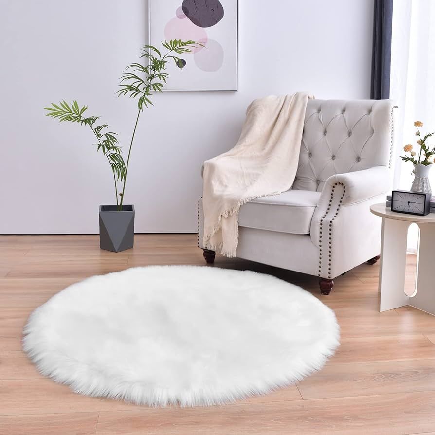 duduta White Round Faux Sheepskin Fur Rug 4x4 ft, Fluffy Shaggy Circle Rugs for Nursery Bedroom L... | Amazon (US)