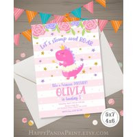 Girl Dinosaur Birthday Invitation, Princess Invite, Dino-Mite Dino Purple Pink Stripes | Etsy (US)