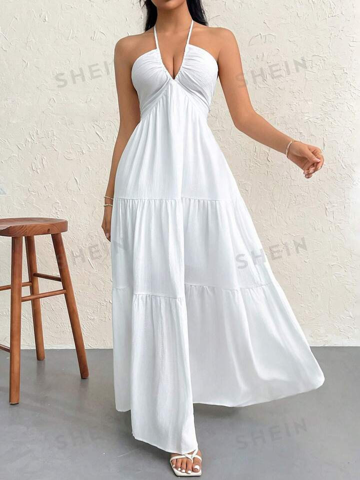 SHEIN Privé Crepe Halter Neck Tie Backless Maxi Dress For Resort & Wedding Occasions | SHEIN