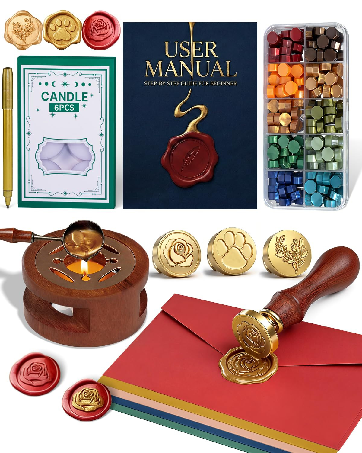 Wax Seal Stamp Craft Kit: Wax Sealing Tool Set with 3 Personalized Brass Stamp, 200 Beads, 5 Enve... | Amazon (US)