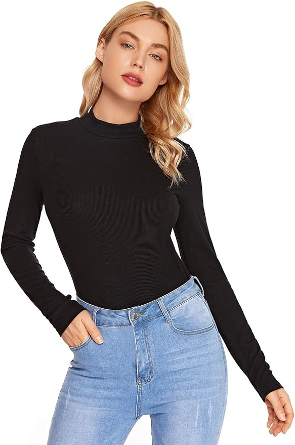 SheIn Women's Mock Neck Turtleneck Shirt Long Sleeve Ribbed Knit Slim Fit Tee Tops | Amazon (US)