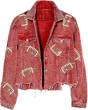 Xunger Women’s Football Corduroy Sequin Jacket Cropped Distresses Rugby Patched Shacket Coat | Amazon (US)