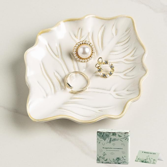 Reactive Glaze Leaf Ring Dish, Trinket Tray with Gift Box | Natural glaze variations make each pi... | Amazon (US)