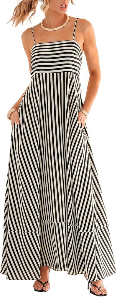 CUPSHE Womens Summer Maxi Dress Casual Sleeveless Square Neck Striped Beach Long Dress with Pocke... | Amazon (US)