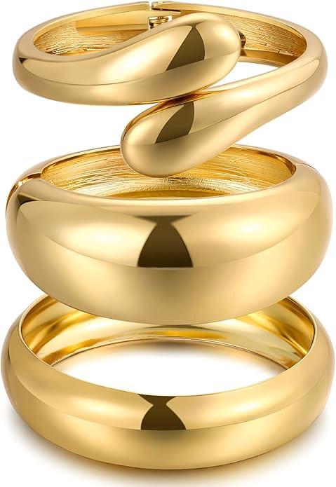 Chunky Gold Bangle Bracelets for Women, Dainty 14k Gold Plated Big Stackable Bangles Set, Trendy ... | Amazon (US)