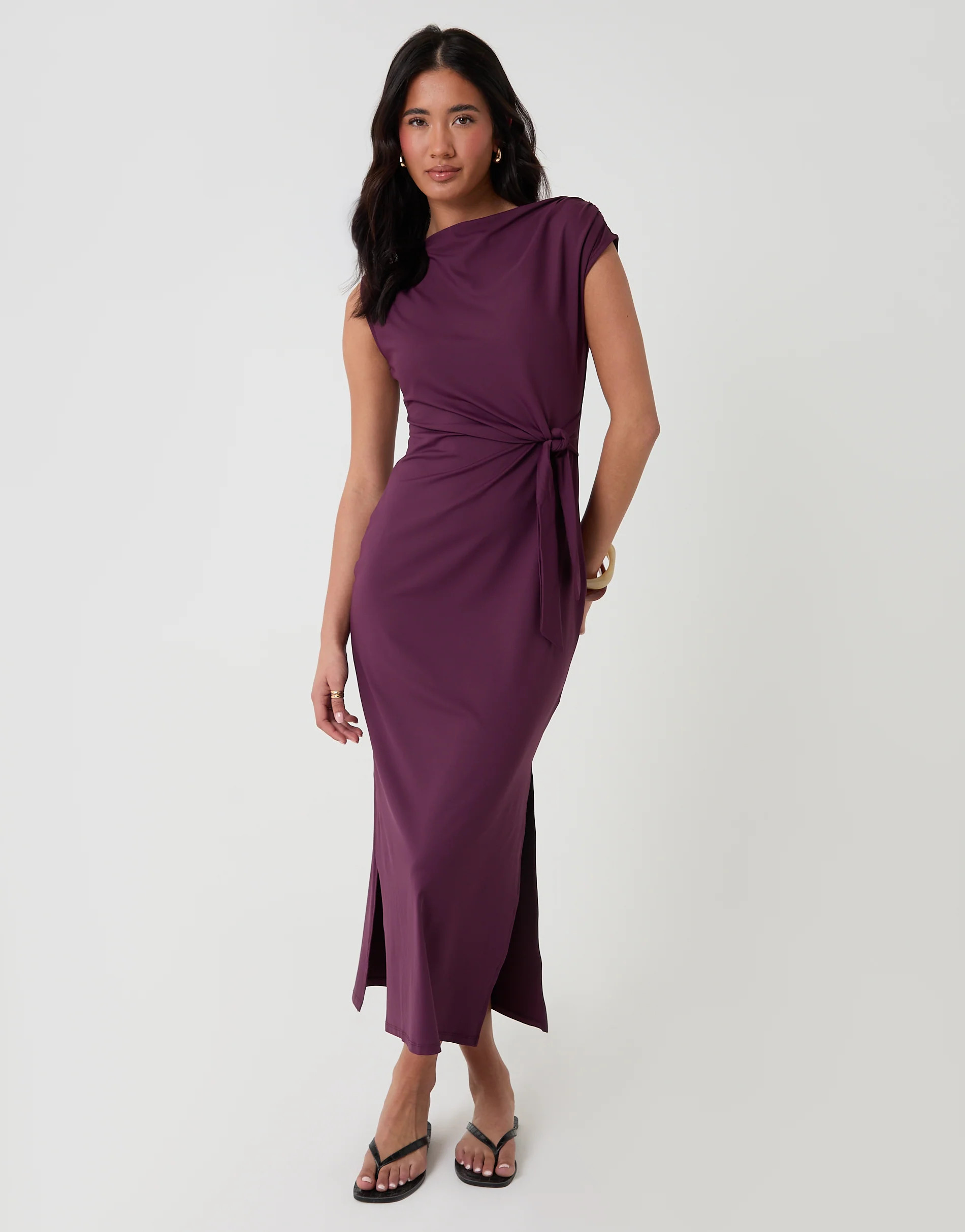 Twist Detail Slash Neck Maxi Dress in Plum | Threadbare UK