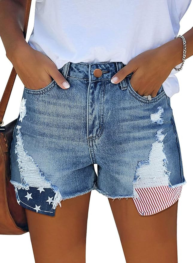 MINGALONDON Women's Denim Shorts Summer Mid Waist Ripped Raw Cut Hem Distressed Stretchy Jean Sho... | Amazon (US)