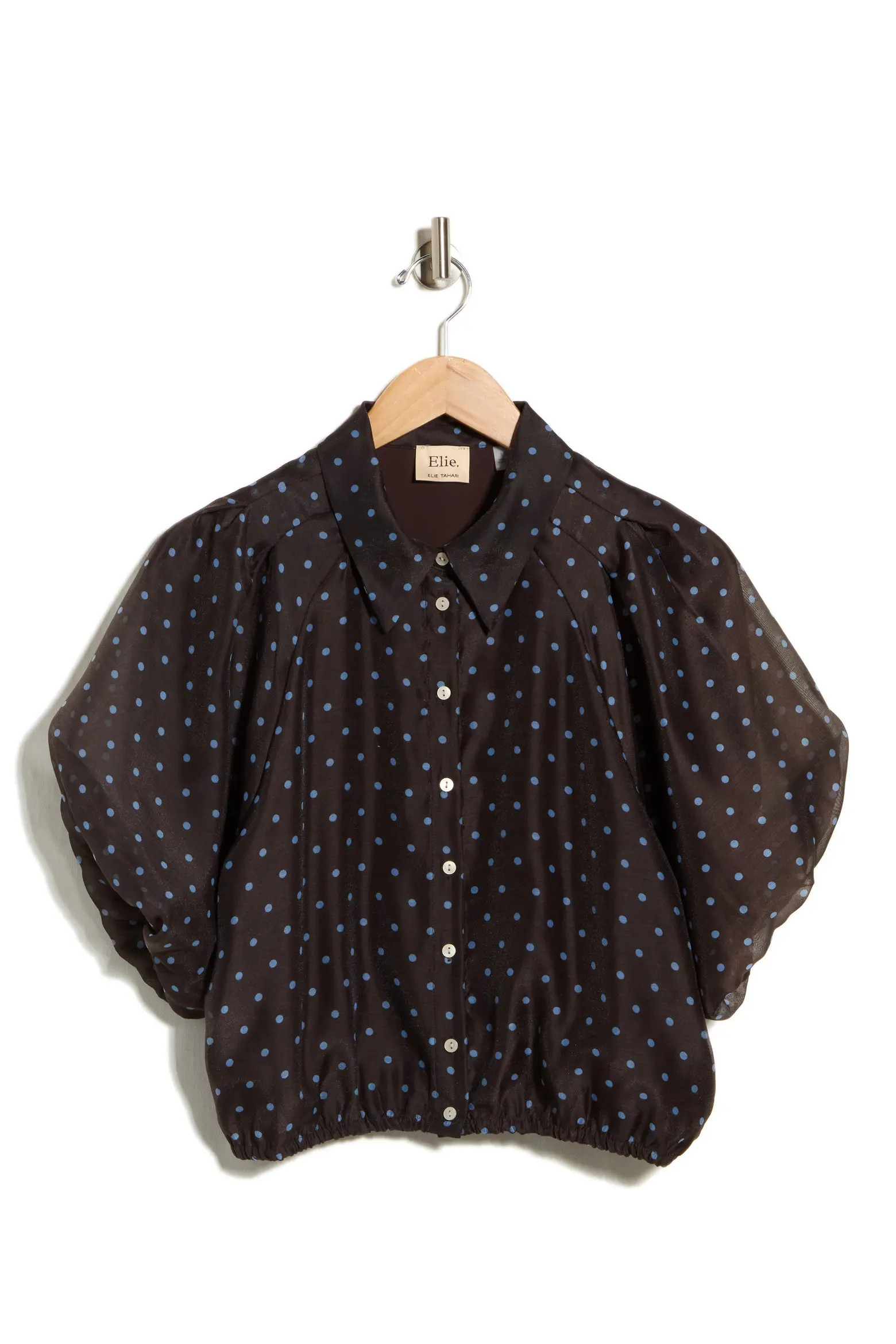 ELIE ELIE TAHARI Bubble Sleeve Top in Chocolate/Blue Dot at Nordstrom Rack, Size Small | Nordstrom Rack