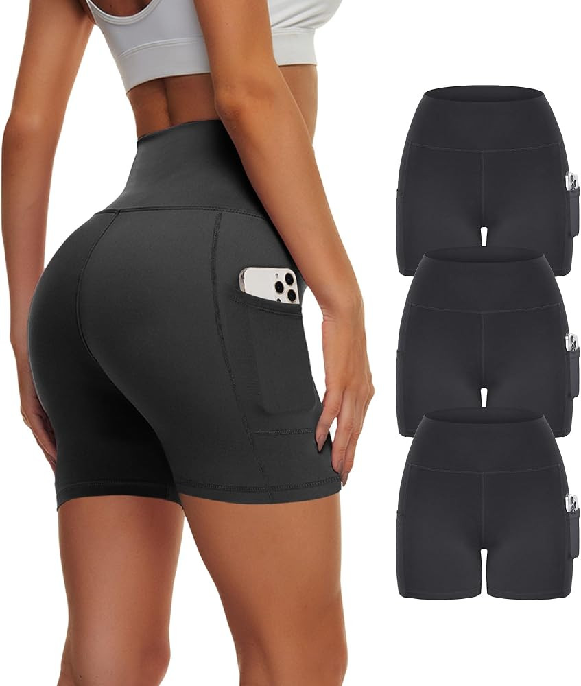 Showitty 3 Pack Biker Yoga Shorts with Pockets for Women, High Waist Tummy Control Workout Runnin... | Amazon (US)