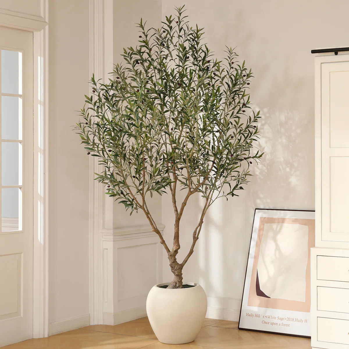 Adcock 8ft Artificial Olive Tree with 18in White Planter, Tall Faux Olive Trees for Indoor | Joss & Main