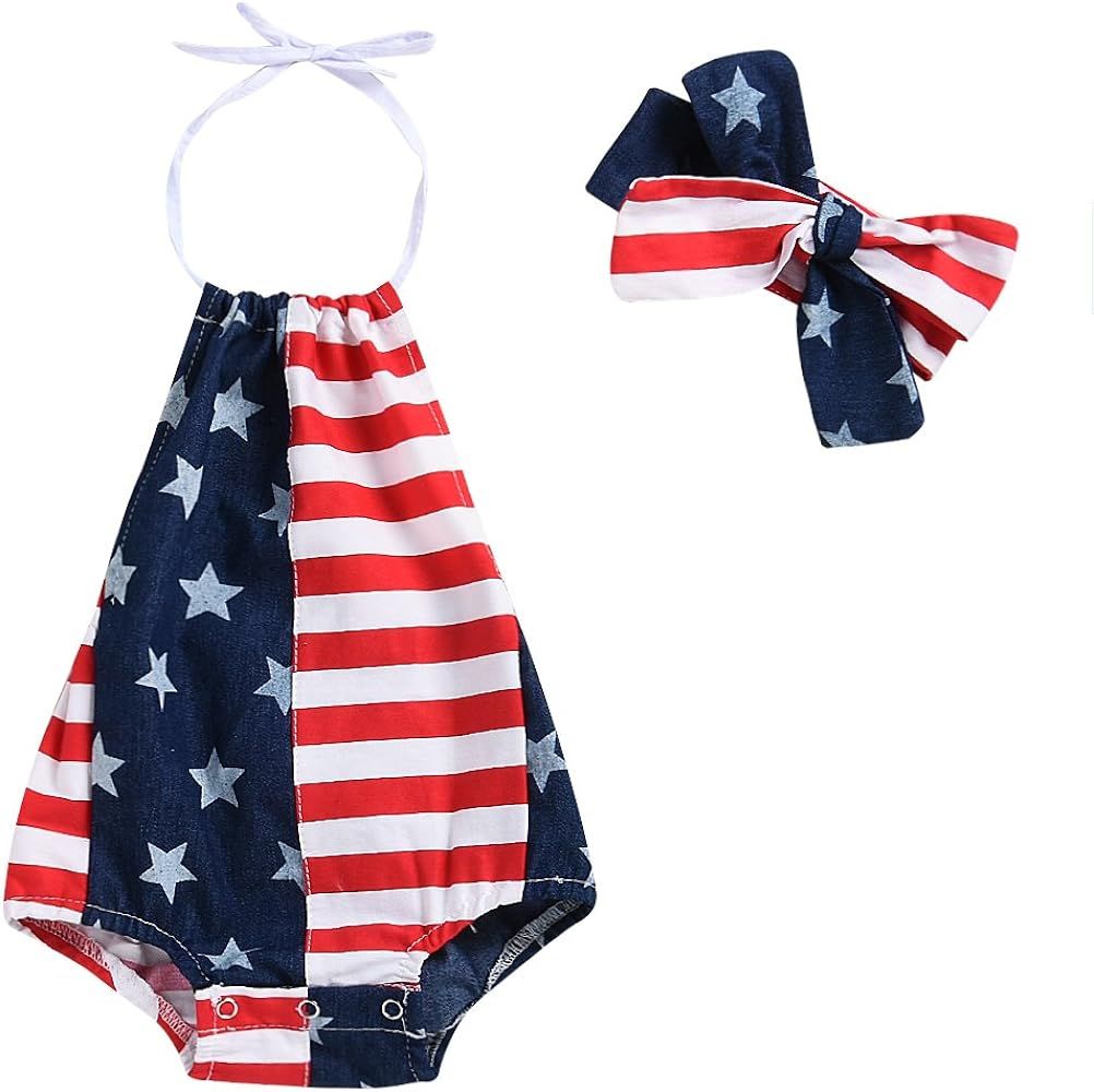 Baby Girls Boys Summer Outfits Clothes 4th of July 2018 Star Straps Romper Headband 2Pcs Set for 6-2 | Amazon (US)