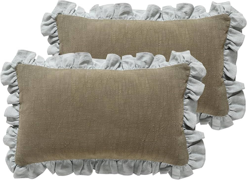 Green Decorative Throw Pillow Covers 12x20 Set of 2, Farmhouse Linen Pillow Covers with Ruffles, ... | Amazon (US)