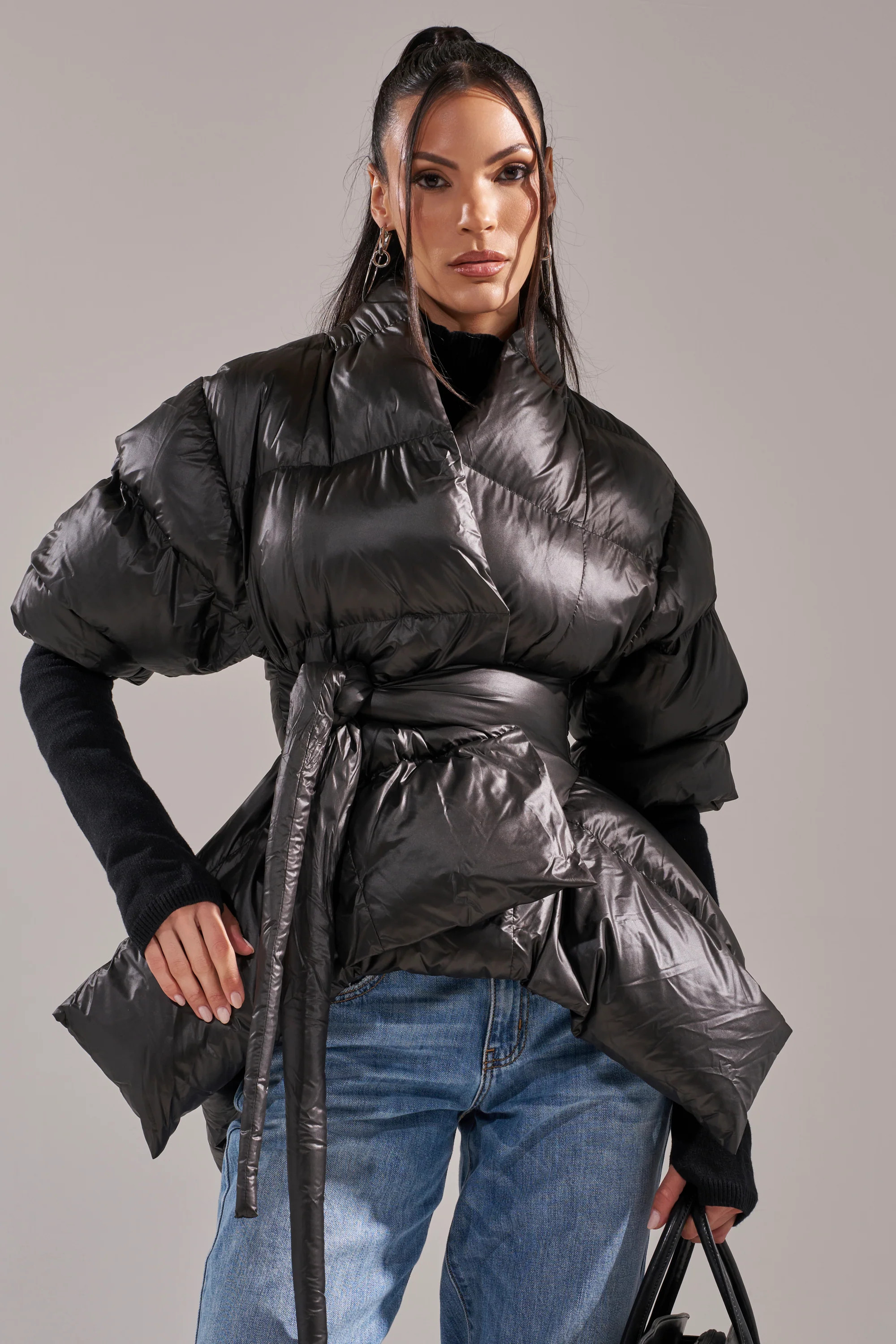 A STEP AHEAD LONG RIBBED SLEEVE PEPLUM PUFFER COAT | AKIRA
