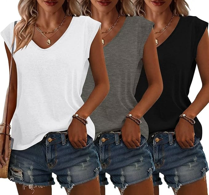 Bliwov 3 Pack Womens Cap Sleeve Tops V Neck T Shirts Spring Summer Casual Plus Size Beach Vacatio... | Amazon (US)