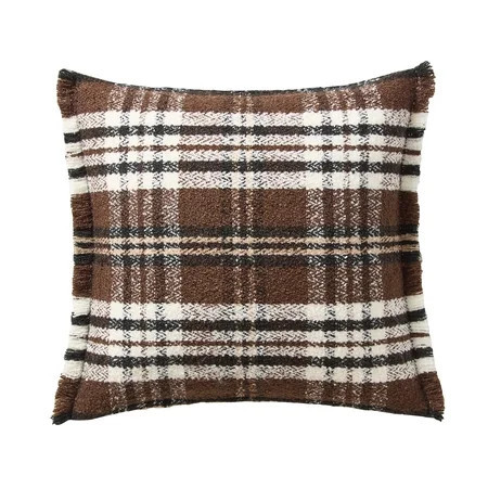 My Texas House 20" x 20" Brown Woven Plaid Fringe Decorative Pillow Cover | Walmart (US)
