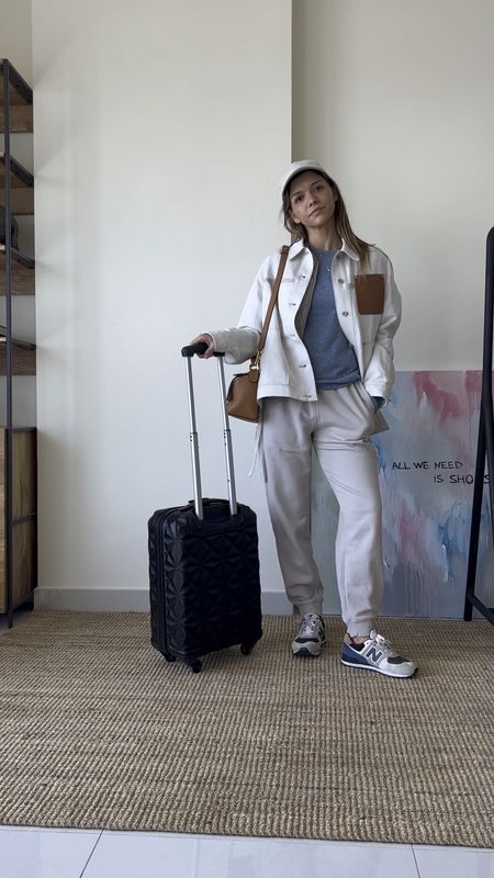 Airport outfit, spring outfit, beige sweatpants, denim jacket, New balance 574, loewe puzzle bag

#LTKunder50 #LTKstyletip #LTKtravel