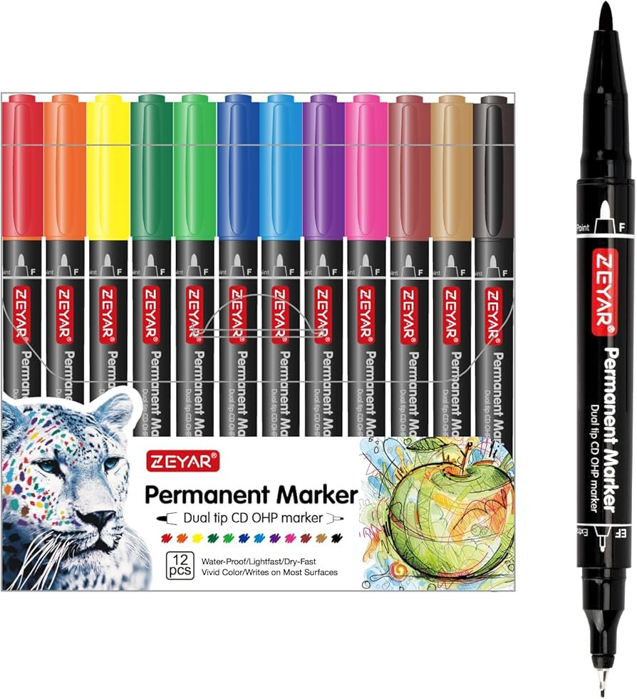 ZEYAR Twin Tip Permanent Markers, CD/DVD Markers, 12 Color, Ultra Fine Point and Fine Point for S... | Amazon (US)