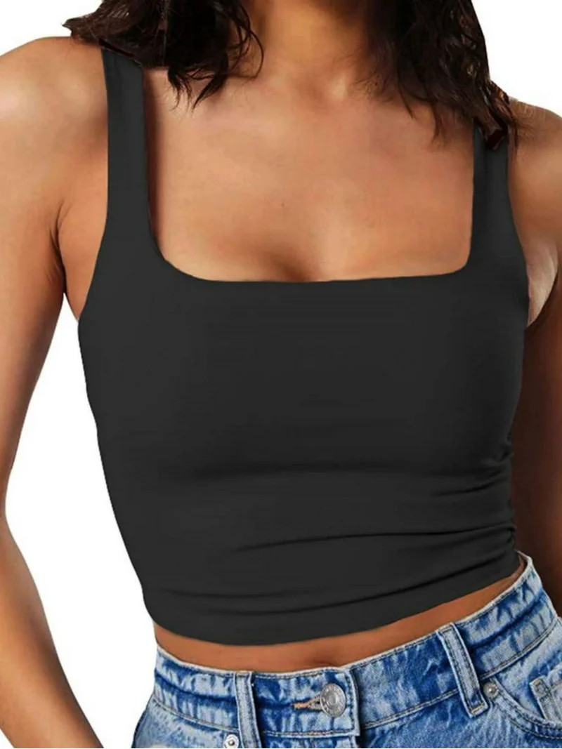 Women's Square Neck Sleeveless Crop Tops 2024 Cute Double Layer Seamless Slim Fit Tank Tops | Walmart (US)