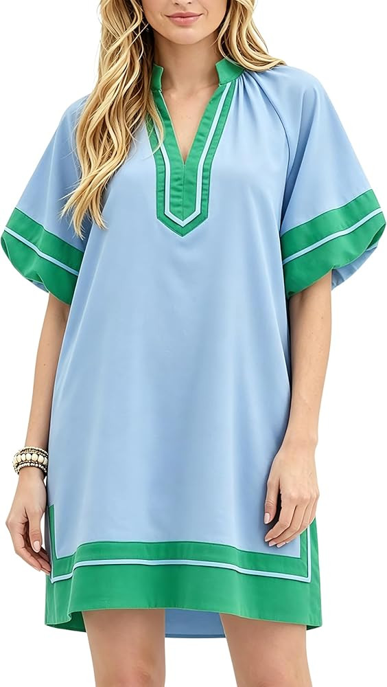Esmeling Women's Color Block Pullover Dress V-Neck Puff Sleeve Dress Mini Shirt Dress with Pocket... | Amazon (US)