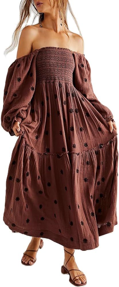 Women's Boho Floral Embroidered Maxi Dress Square Neck Smocked Long Puff Sleeve A Line Tiered Lon... | Amazon (US)