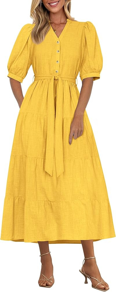 PRETTYGARDEN Women's Summer Midi Dress 2025 Casual Short Sleeve V Neck Buttons Belted Ruffle A Li... | Amazon (US)