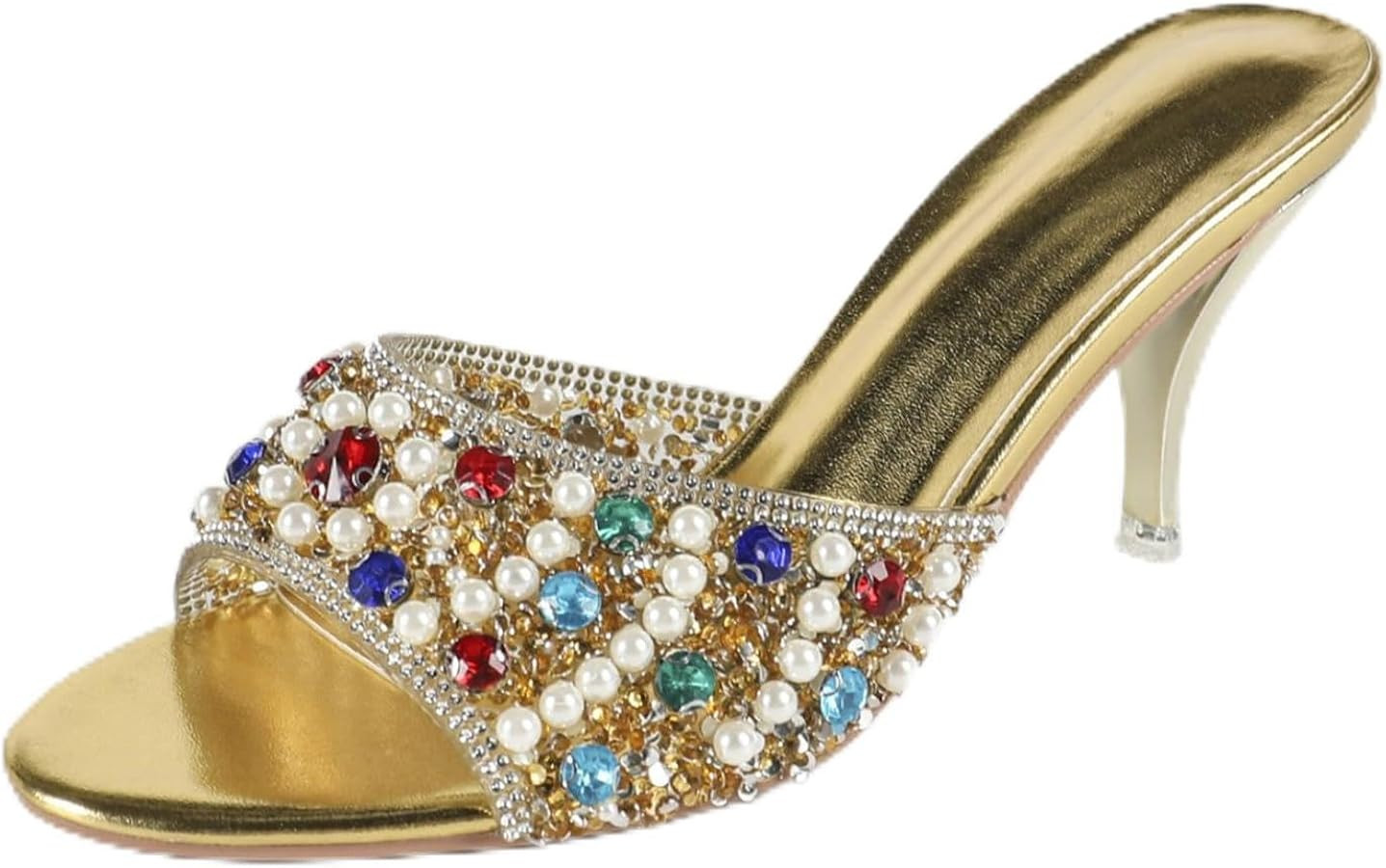 Women\u2019s Open Toe Rhinestone Heeled Mules Pearl Beaded Slip On Sandals Pointed Stiletto Heel ... | Amazon (US)