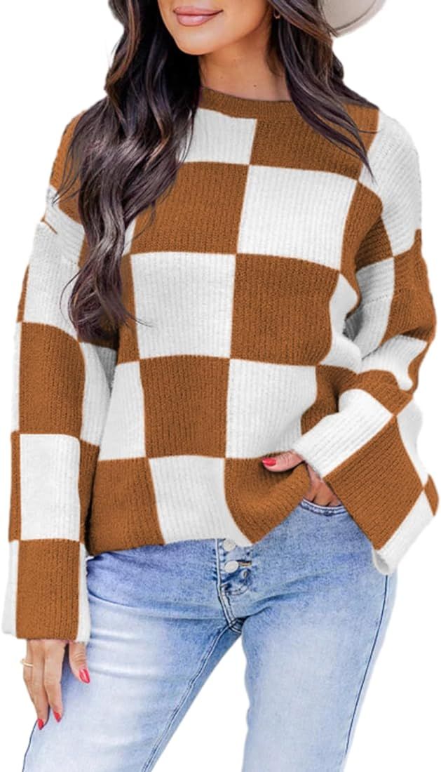Dokotoo Womens Sweaters Crewneck Checkered Bell Sleeve Sweater Knit Pullover Tops | Amazon (US)