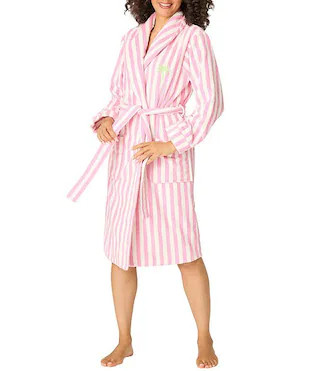 Long Sleeve Shawl Collar "Vacay Mode" Embroidery Striped Terry Cloth Robe | Dillard's