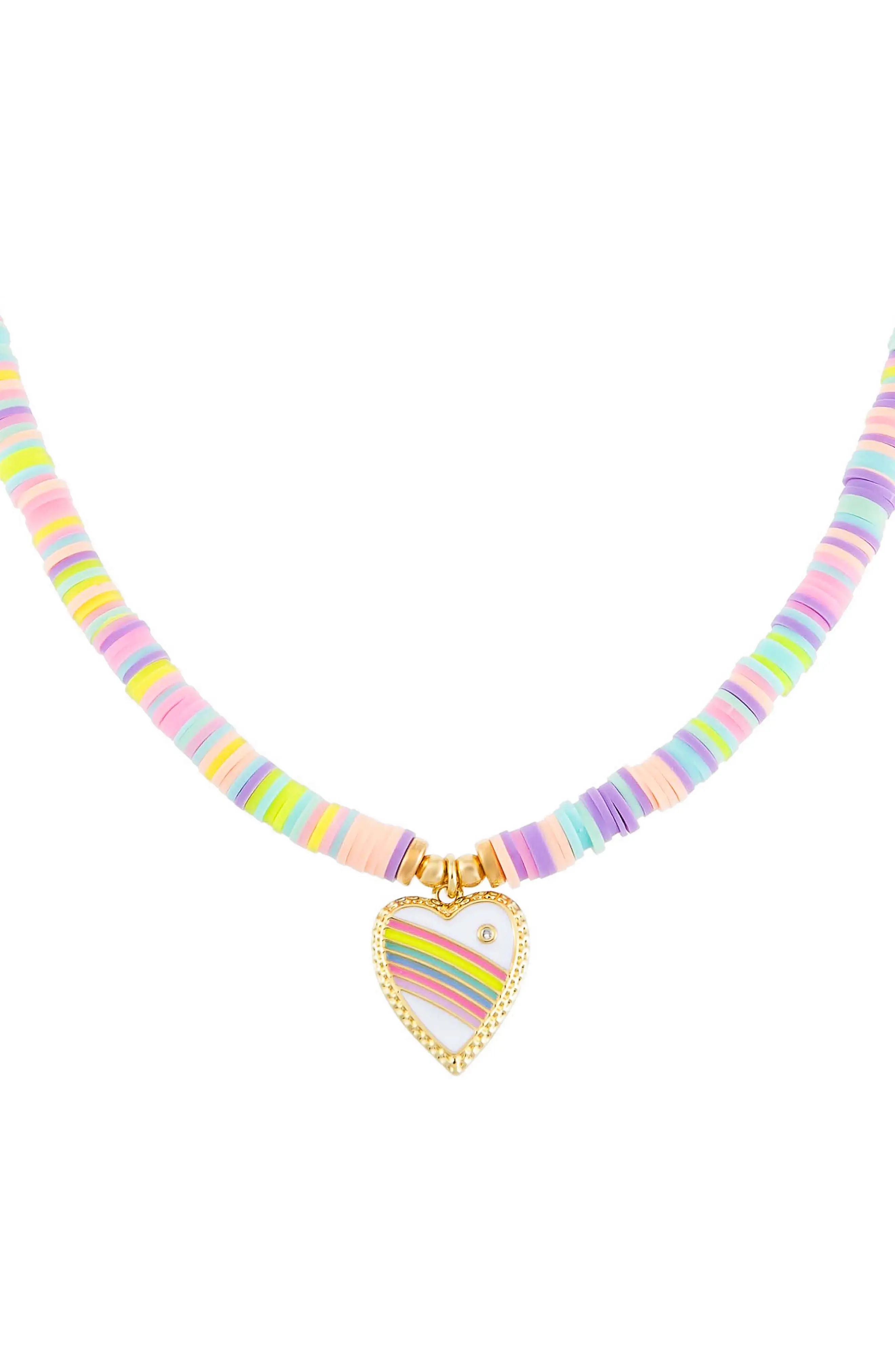 Adina's Jewels Rainbow Pastel Bead Heart Pendant Necklace in Pink Multi at Nordstrom | Nordstrom