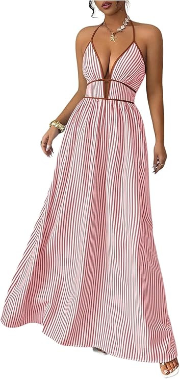 Floerns Women's Striped Halter Maxi Dress Backless Smocked Beach Vacation Boho Dress | Amazon (US)