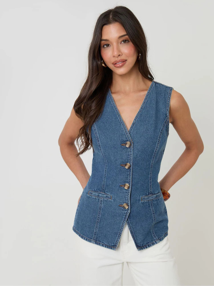 Buy Threadbare Blue Denim Longline V-Neck Waistcoat from Next Ireland | Next EU