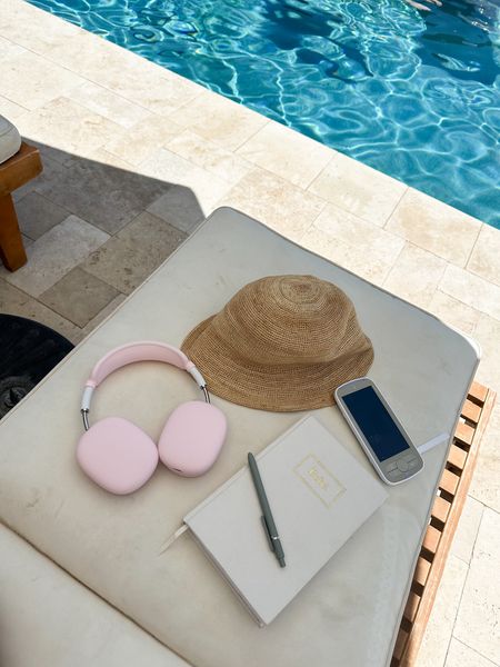 pool accessories 💦 

Airpod max case pink, straw bucket hat, baby book, baby monitor 