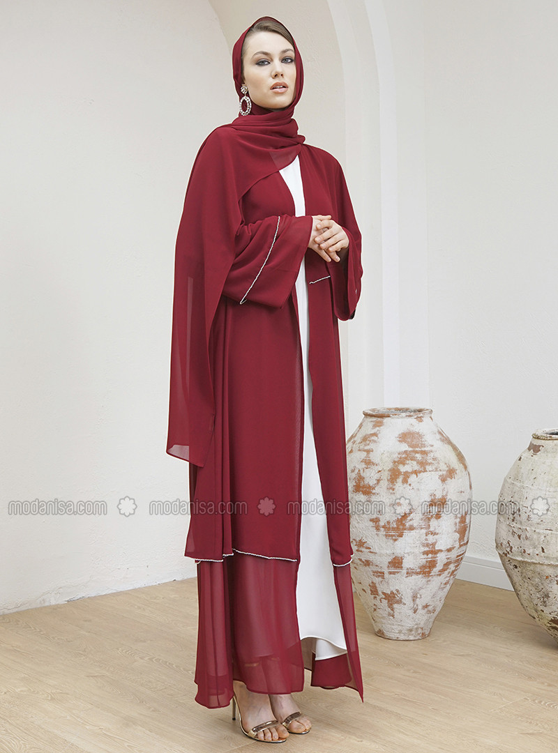 Maroon - Unlined - V neck Collar - Abaya | Modanisa (US)