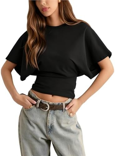 Lumister Shirts for Womens Crewneck Tighten Waist T-Shirt Casual Short Sleeve Workout Tops Solid ... | Amazon (US)