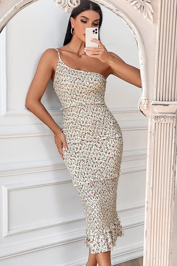 PRETTYGARDEN Women's Summer Midi Bodycon Dresses One Shoulder Strappy Tiered Ruffle Floral Boho S... | Amazon (US)