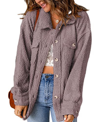 CURBODO Women Sherpa Fleece Jacket Coat Casual Fuzzy Teddy Shacket Warm Button Down Outwear with Pockets Purple M | Amazon (US)
