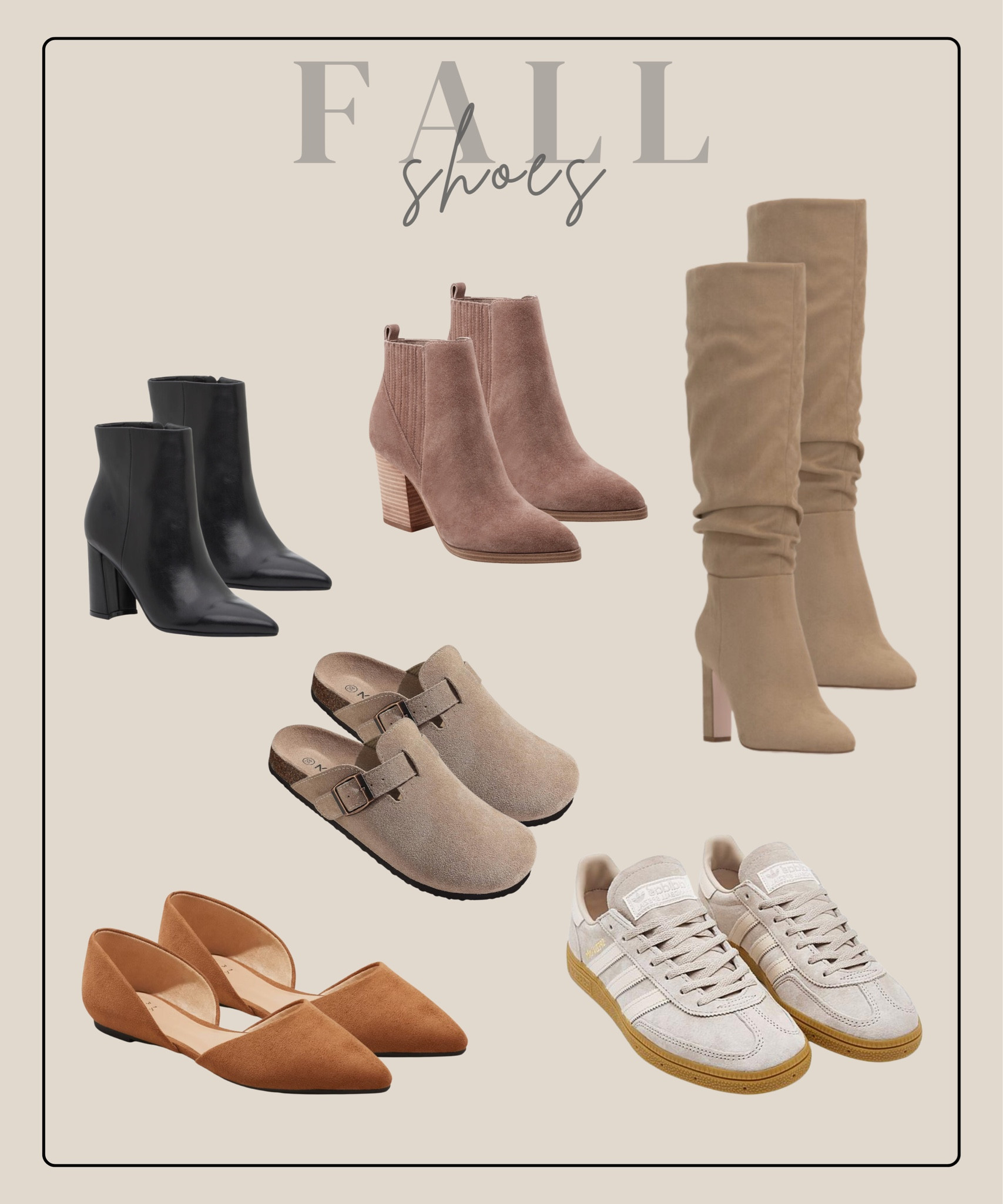 Shoes for fall 🍂

Suede boots | ankle booties | clogs | adidas sneakers | suede flats | black leather booties

#LTKSeasonal #LTKShoeCrush