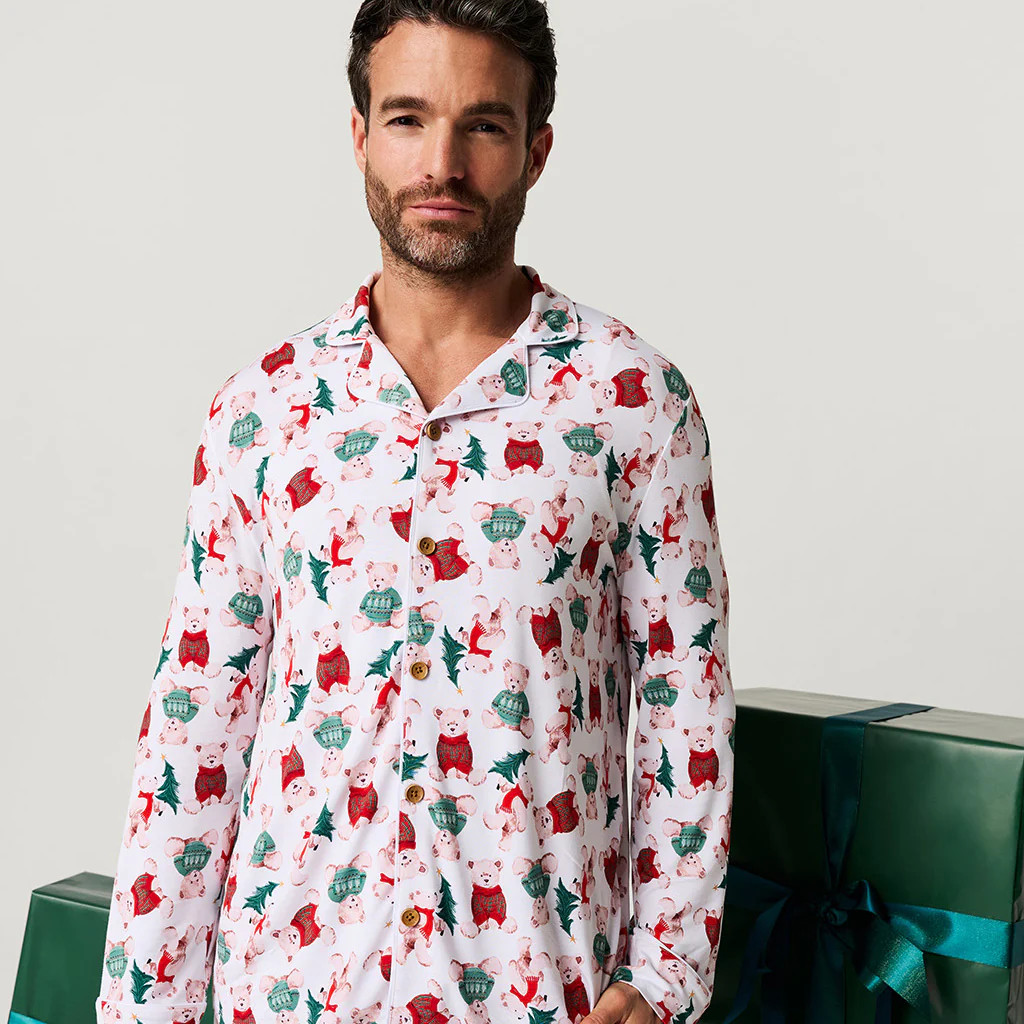 Holiday White Long Sleeve Luxe Men's Pajamas | Lachlan | Posh Peanut
