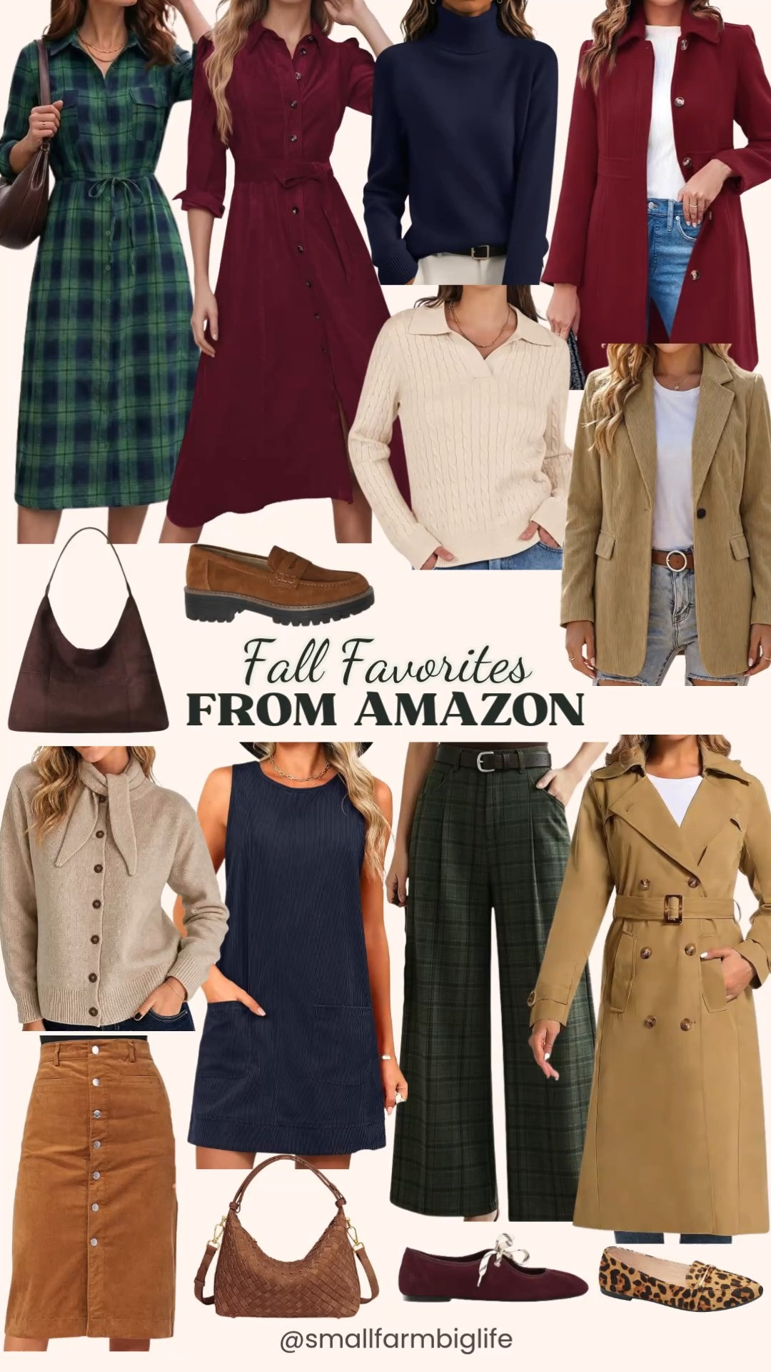 These fall favorites from Amazon give me the same feeling as pieces I have found at Boden, but for so much less.

The oatmeal Cicy Bell Tie Bow Cardigan and the navy blue Zeagoo Turtleneck Sweater are both such easy, classic layering pieces, and the parchment beige ANRABESS Cable Knit Collared Sweater has such a preppy, business casual workwear feel perfect for the office or a tennis club look. For outerwear, the camel Waterproof Trench Coat and the wine red Fisoew Single Breasted Pea Coat both feel timeless and polished.

For dresses, the wine red YEXPINE Corduroy Maxi Shirt Dress and the navy blue Corduroy Overall Mini Dress both have that classic, cozy fall feel. Pair the camel luvamia Corduroy Midi Skirt or the olive green plaid Wide Leg Pleated Trousers with a sweater for an easy business casual workwear outfit.

The navy and green plaid Wenrine Flannel Shacket is such a great layering piece for a country concert or a casual weekend, and the khaki Corduroy Blazer rounds out the outerwear options with a polished, notch lapel silhouette.

For bags, the chocolate brown BOSTANTEN Suede Hobo Bag and the caramel brown Woven Suede Crescent Hobo Bag are both soft, slouchy options for work or travel. Finishing off the look, the burgundy DOEYG Suede Lace Up Ballet Flats and the caramel brown Platform Chunky Loafers are both comfortable, dressy shoe options for autumn outfits.

So many pieces that give designer vibes without the designer price tag, all linked for you.

#amazonfashion #fallfashion #falloutfits #lookforless #businesscasual 

 #LTKootd #LTKOver40 #LTKWorkwear