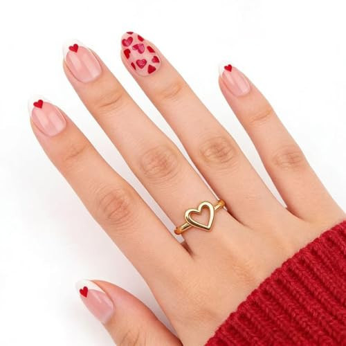Valentines Day Press on Nails Medium Almond, French Tip Fake Nails with Red Heart Design, 24Pcs Acrylic Glue on Nails for Women Valentine's Day Gift DIY Kit | Amazon (US)