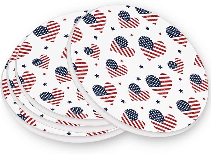 visesunny 4th July American Flag Heart Pattern Absorbent Ceramic Stone Coaster for Drinks with Co... | Amazon (US)