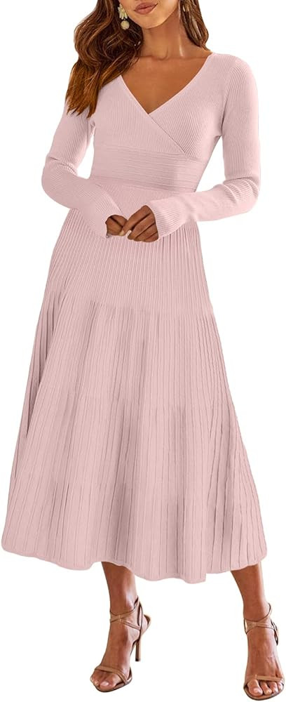 ANRABESS Women's Wrap Midi Sweater Dresses Long Sleeve Pink Dress With Sleeves Pink Cocktail Dress | Amazon (US)