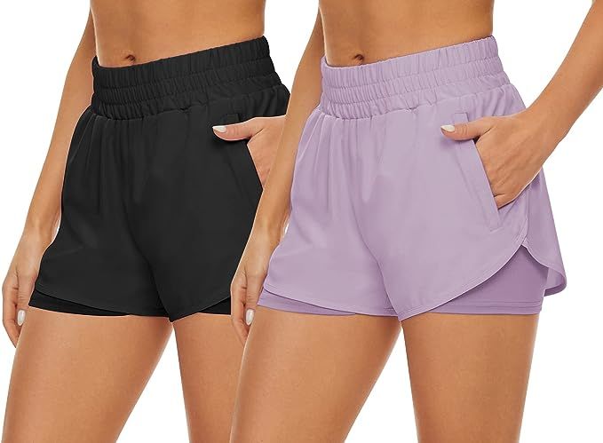 HKJIEVSHOP 2 Pack Athletic Shorts for Women, Quick Dry Running Shorts with Pockets High Waisted W... | Amazon (US)