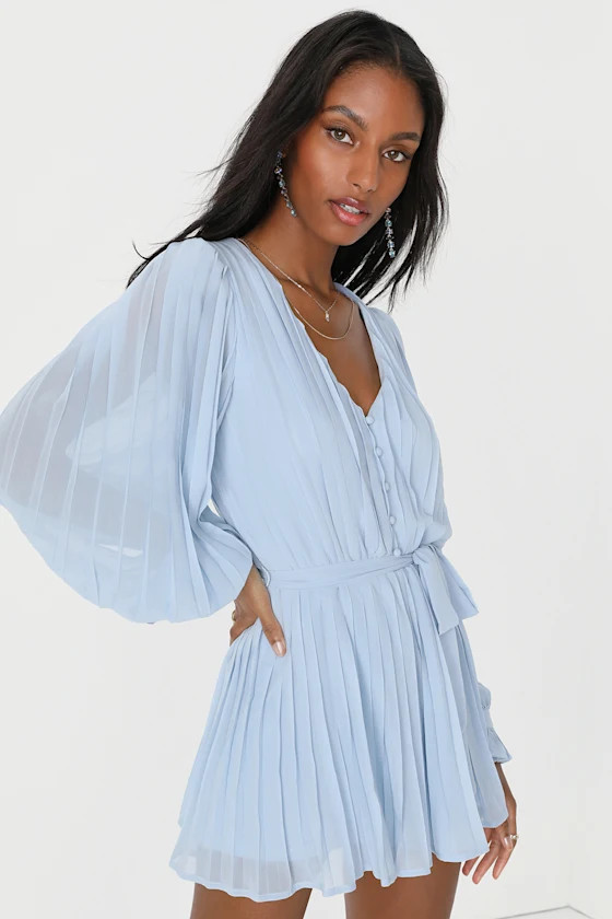 Lovely Disposition Light Blue Pleated Long Sleeve Romper | Lulus
