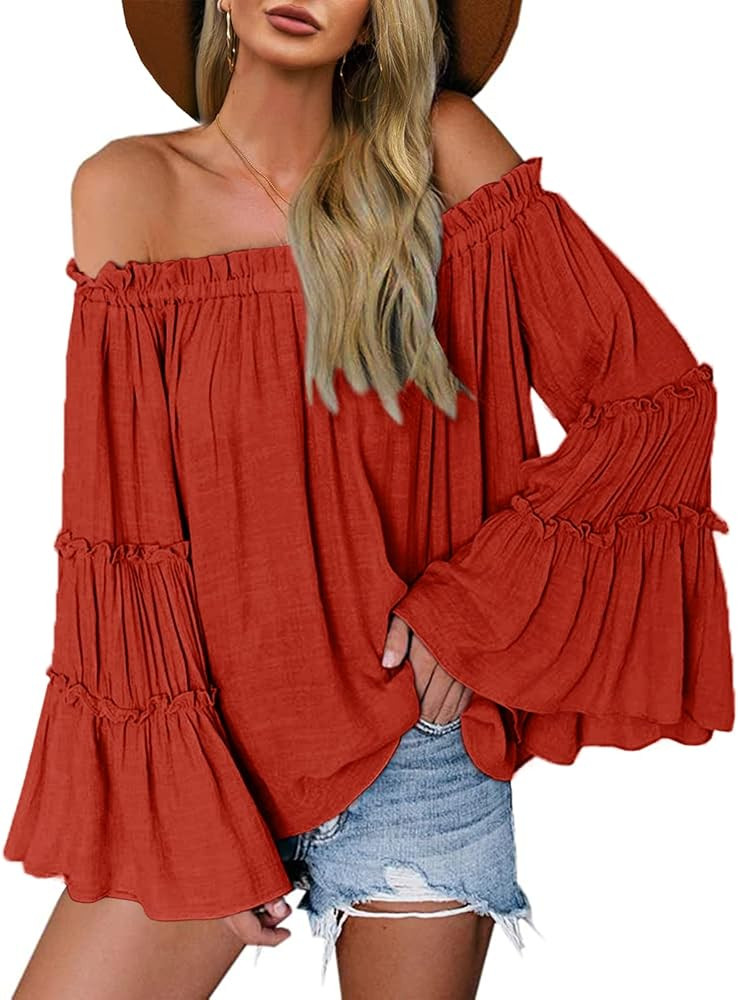 Womens Off The Shoulder Long Bell Sleeve Tops Flared Casual Loose Blouse | Amazon (US)