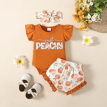 Youweixiong Newborn Infant Baby Girl Summer Clothes Ruffle Sleeve Just Peachy Romper+Peach Bloome... | Amazon (US)
